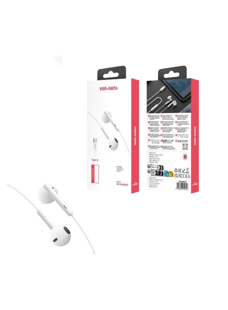 فين ديونز سماعات أذن سلكية من النوع C طراز VD-EAR010 بصوت نقي، وميكروفون مدمج، وتصميم مريح داخل الأذن - Image 1